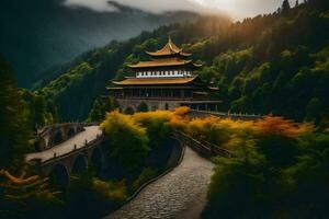 een Chinese tempel in de bergen met een brug. ai-gegenereerd foto