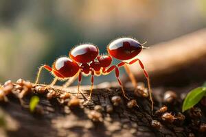 een rood mier is staand Aan een logboek. ai-gegenereerd foto