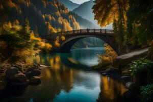 een brug over- een rivier- in de bergen. ai-gegenereerd foto