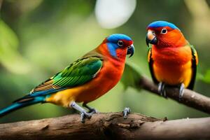 twee kleurrijk vogelstand zittend Aan een Afdeling. ai-gegenereerd foto