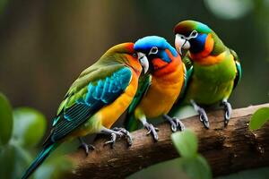 drie kleurrijk vogelstand zittend Aan een Afdeling. ai-gegenereerd foto