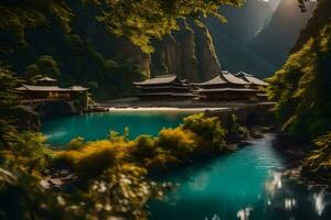 een mooi landschap met een rivier- en een pagode. ai-gegenereerd foto