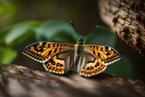 een vlinder is zittend Aan een logboek. ai-gegenereerd foto