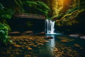 een waterval in de Woud met een brug over- het. ai-gegenereerd foto