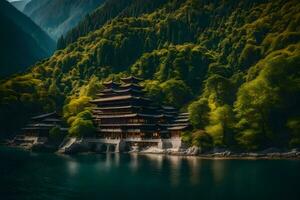 een Japans tempel Aan de kust van een meer. ai-gegenereerd foto