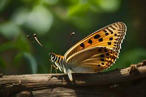 een vlinder is zittend Aan een Afdeling in de zon. ai-gegenereerd foto
