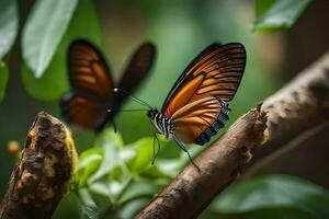 twee oranje vlinders zijn zittend Aan een Afdeling. ai-gegenereerd foto