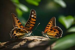 twee vlinders zijn zittend Aan top van een logboek. ai-gegenereerd foto