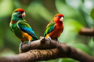 twee kleurrijk vogelstand zittend Aan een Afdeling. ai-gegenereerd foto