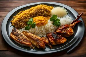 een bord van voedsel met rijst, kip en rijst. ai-gegenereerd foto