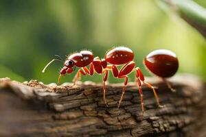 een rood mier wandelen Aan een logboek. ai-gegenereerd foto