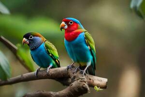 twee kleurrijk vogelstand zittend Aan een Afdeling. ai-gegenereerd foto