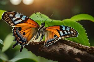 een vlinder met oranje en blauw Vleugels is zittend Aan een Afdeling. ai-gegenereerd foto