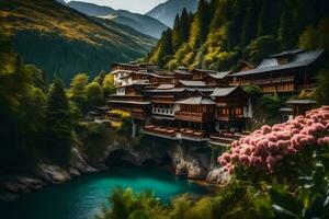 een mooi berg dorp met een rivier- en bloemen. ai-gegenereerd foto