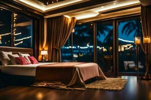 een slaapkamer met een bed en een venster met uitzicht de oceaan. ai-gegenereerd foto