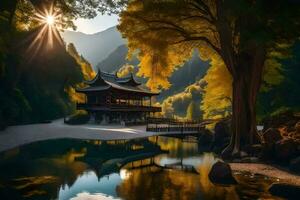 de zon schijnt over- een pagode in de bergen. ai-gegenereerd foto