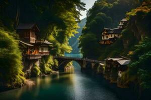 een rivier- in Japan met huizen Aan de banken. ai-gegenereerd foto