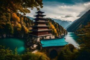 een pagode zit Aan de rand van een meer omringd door bergen. ai-gegenereerd foto
