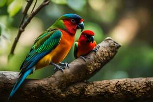 twee kleurrijk vogelstand zittend Aan een Afdeling. ai-gegenereerd foto