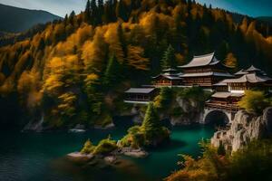 een mooi Chinese tempel Aan een berg met uitzicht een meer. ai-gegenereerd foto