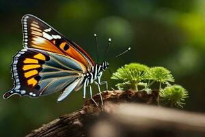 een vlinder is zittend Aan een Afdeling met groen bladeren. ai-gegenereerd foto