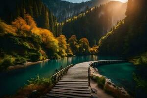 een houten brug Leidt naar een meer in de bergen. ai-gegenereerd foto