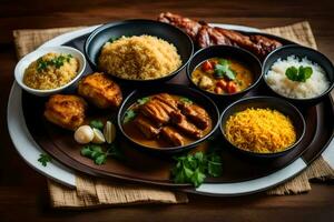 een bord van voedsel met rijst, vlees, en andere borden. ai-gegenereerd foto