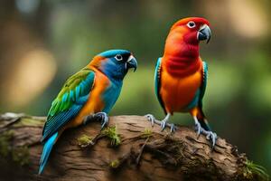 twee kleurrijk vogelstand zittend Aan een Afdeling. ai-gegenereerd foto