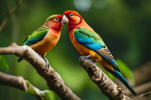 twee kleurrijk vogelstand zittend Aan een Afdeling. ai-gegenereerd foto