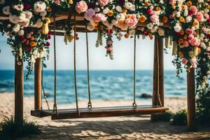 een schommel Aan de strand met bloemen. ai-gegenereerd foto