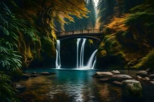 een waterval in de midden- van een Woud met een brug. ai-gegenereerd foto