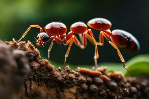 een rood mier is wandelen Aan een boom kofferbak. ai-gegenereerd foto