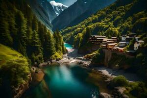 een rivier- loopt door een berg vallei omringd door bomen. ai-gegenereerd foto