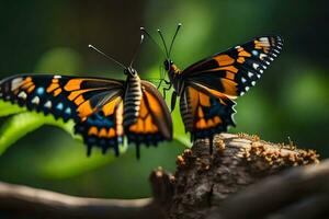 twee vlinders zijn zittend Aan top van een boom. ai-gegenereerd foto