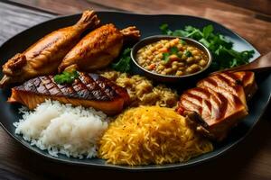 een bord van voedsel met rijst, kip, en rijst. ai-gegenereerd foto
