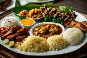 een bord van voedsel met rijst, vlees en saus. ai-gegenereerd foto