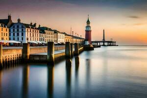 een zonsondergang over- de stad van Hamburg, duitsland. ai-gegenereerd foto