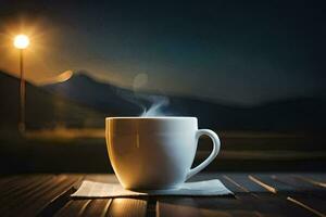 een kop van koffie Aan een houten tafel met een straat licht in de achtergrond. ai-gegenereerd foto