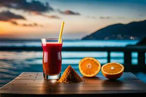 een glas van sap met sinaasappels en een rietje Aan een tafel in voorkant van de oceaan. ai-gegenereerd foto