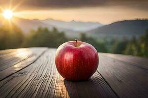 een appel zit Aan een houten tafel in voorkant van een berg visie. ai-gegenereerd foto