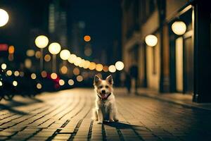 een hond staand Aan een straat Bij nacht. ai-gegenereerd foto