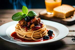 spaghetti met vlees en saus Aan een bord. ai-gegenereerd foto