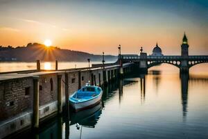 een boot zit Aan de water Bij zonsondergang. ai-gegenereerd foto