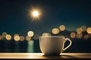 koffie kop Aan houten tafel met stad lichten in achtergrond. ai-gegenereerd foto