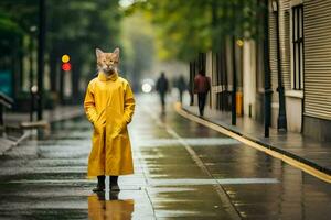 een kat in een geel regenjas staand Aan een nat straat. ai-gegenereerd foto