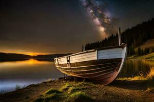 een boot zit Aan de kust van een meer Bij nacht. ai-gegenereerd foto