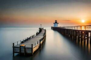 een lang blootstelling fotograaf van een pier Bij zonsondergang. ai-gegenereerd foto