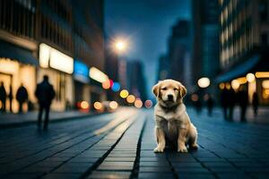 een hond zittend Aan de straat Bij nacht. ai-gegenereerd foto