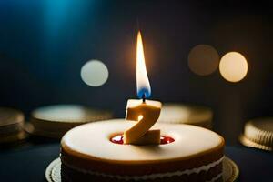een verjaardag taart met een brandend kaars Aan top. ai-gegenereerd foto