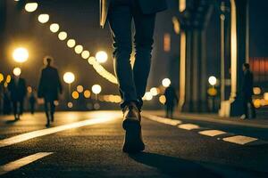 een Mens wandelen naar beneden de straat Bij nacht. ai-gegenereerd foto